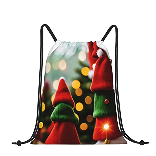 Lsjuee Bonita mochila con cordón de muñeca de Navidad con bolsillos, bolsa de cuerda ligera, mochila para gimnasio, Yoga, compras, deporte