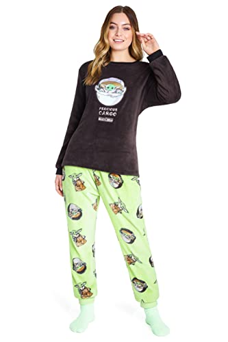 Disney Pijama Mujer Invierno de Polar con Calcetines Stitch Mickey Minnie Baby Yoda (Verde Mandalorian, L)