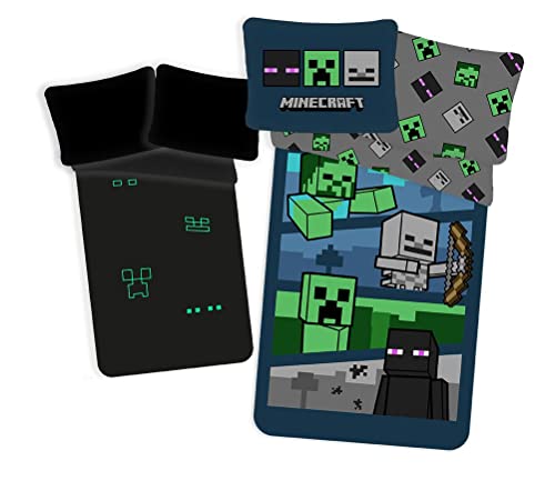 Juego de cama infantil reversible Minecraft Hostile Mobs Creeper Zombie con diseño luminoso, funda nórdica de 140 x 200 cm, funda de almohada de 70 x 90 cm, 100% algodón