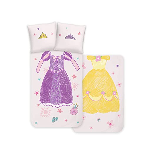 Disney Home Princess - Juego de cama infantil - Princesa Belle y Rapunzel - Reversible con cierre de hotel - 100% algodón - 2 piezas - Funda nórdica de 140 x 200 cm y funda de almohada de 60 x 70 cm