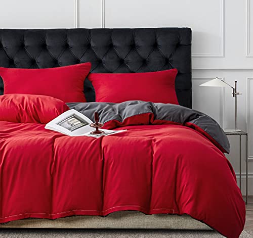 Damier Juego de ropa de cama de 220 x 240 cm, color rojo y gris, reversible, 3 piezas, microfibra supersuave, funda nórdica con cremallera y 2 fundas de almohada de 80 x 80 cm