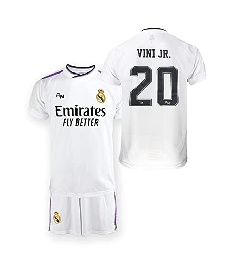 Real Madrid Conjunto niño Camiseta y Pantalón REPLICA 1ª EQ. Temporada 2022-23 - Producto con Licencia - 100% Poliéster - Dorsal 20 VINICIUS - Talla niño 14 años