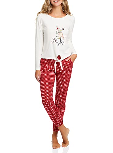 oodji Ultra Mujer Pijama de Algodón con Pantalones, Blanco, L