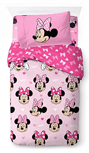 Disney Minnie Mouse Hearts & Love - Juego de ropa de cama individual de 3 piezas, 100% algodón, incluye funda de edredón, sábana bajera y funda de almohada