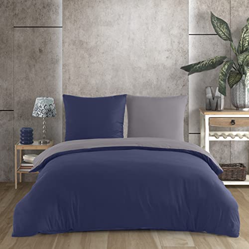 Vency Ropa de cama de 135 x 200 cm, gris marino, transpirable, juego de cama con 1 funda nórdica de 135 x 200 cm y 1 funda de almohada de 80 x 80 cm, ropa de cama gris y azul marino