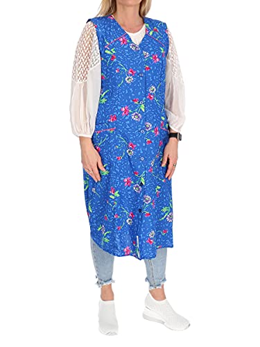 Bata de botón de algodón multicolor delantal de cocina vestido de casa bata delantal sin brazo, azul, 56