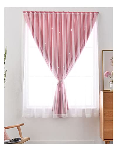 DAIHAN 1 Pieza Cortina Nórdica Velcro Elegantes Cortinas de Ventana la impresión de Estrellas Huecas Brillantes Doble Capa con visillos de Tul para la decoración del Dormitorio Pink