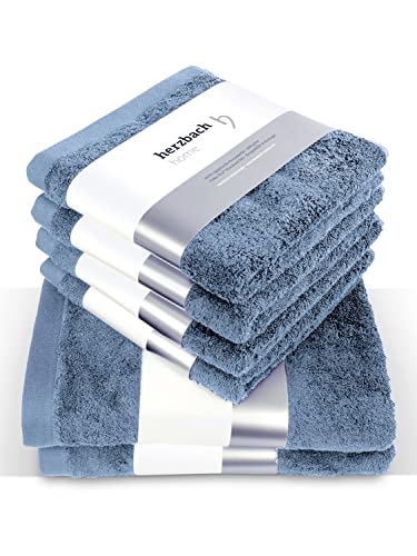 herzbach home Juego de Toallas Premium 6 Piezas (Azul) - 4 Toallas 50x100cm & 2 Toallas de Ducha 70x140cm, Suave & Toallas absorbentes en algodón Natural (550 g/m²)