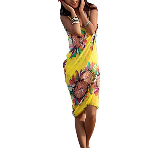 Shujin Vestido de gasa sexy para mujer, cuello en V, tirantes espaguetis, espalda descubierta, vestido de playa con estampado floral para vacaciones, vestido de playa amarillo Talla única