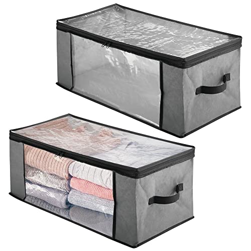 mDesign Juego de 2 cajas organizadoras de tela – Prácticas cajas para guardar ropa y ropa de cama – Sistema de almacenaje con cremallera y ventana de visualización – gris/negro