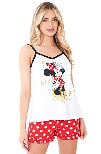 Disney Pijama Mujer Verano, Conjunto Pantalones Cortos y Camiseta Tirantes con Personajes, Moda Mujer S-XL, Pijama Stitch Minnie Cruella Marie (Blanco/Rojo Minnie, S)