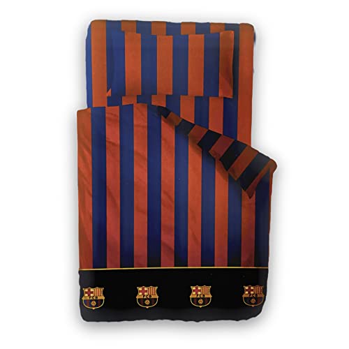 PHU Carbotex - Juego de Sábanas Coralina F.C. Barcelona, 3 Piezas (1 Sábana Encimera, 1 Funda de Almohada y 1 Sábana Bajera), Diseño con Escudos del Barcelona Azulgrana. (90 cm)