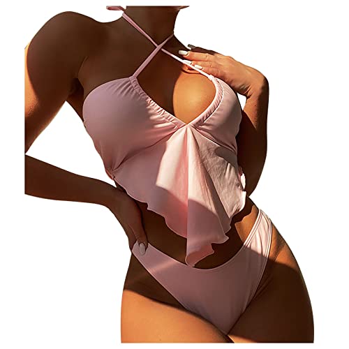 Conjunto de Bikini de Color Sólido y Estampado para Mujer Trajes de Baño de Dos Piezas para Nadar Traje de Baño Traje de Playa Toallas Grandes de Mujer Bañador(c-Rosa,S)