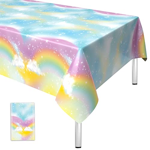 Mantel desechable de plástico arcoíris pastel arcoíris de 108x54 pulgadas fino impermeable nubes de arco iris decoración para niñas temática de unicornio cumpleaños baby shower fiesta de aniversario