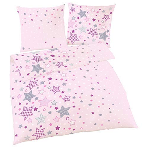 Juego de cama infantil de franela fina con estrellas y estrellas en color rosa, lila y gris, funda nórdica de 135 x 200 cm, 100 % algodón