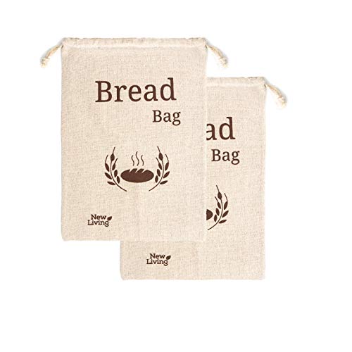 Bolsa de pan de algodón de lino orgánico extra grande New Living | 44 x 35 cm | 2 x bolsas de pan reutilizables | Bolsa de almacenamiento de alimentos | Bolsas de almacenamiento de pan | Bolsa de pan