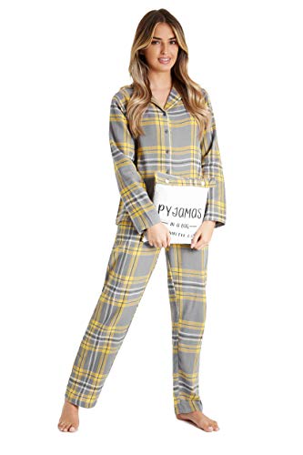 CityComfort Pijamas Mujer, Ropa Mujer 100% Algodón, Pijama Mujer Invierno con Camisa de 2 Piezas Manga Larga, Regalos para Mujer y Adolescente (S, Amarillo/Gris)