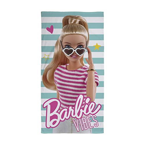 Character World Toalla Oficial Barbie | Sensación súper Suave, diseño de vibras hogar, el baño, la Playa y la Piscina | 100% algodón, Talla única 140 cm x 70 cm