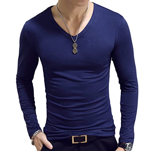 MSemis Camiseta de Manga Larga para Hombre Ropa Interior de Camiseta Térmica Camiseta Termal con Cuello en V Traje Casual Suave Invierno Básicos Azul Oscuro XL