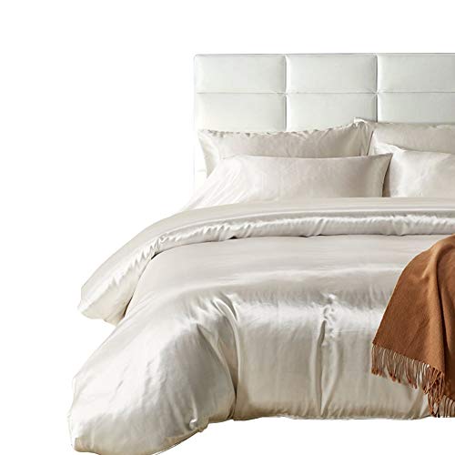 HOTNIU Funda nordica saten - Juego de funda de edredón de seda satinado - Funda nordica 200*200 cm con 2 Fundas de Almohada 50*75cm - Juego de ropa de cama de satén de cremallera microfibra, Blanco