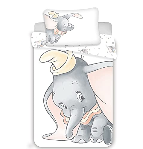 Juego de ropa de cama con diseño de Dumbo en color gris, set de 2 piezas 100 % algodón. Tamaño: 100 x 135 cm, 40 x 60 cm, certificado Öko Tex Standard 100