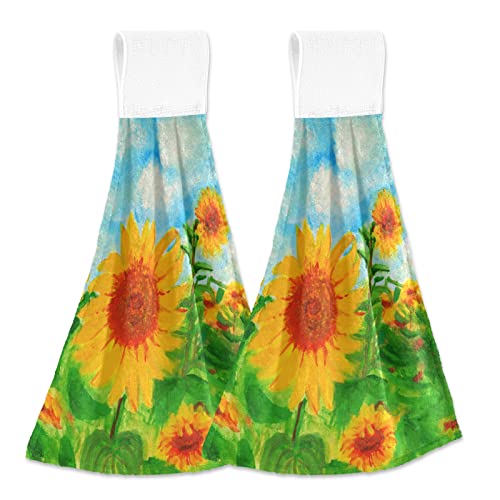 Oarencol Girasol pintura toalla de mano de cocina flor hadas floral absorbente toalla de lazo para baño 2 piezas