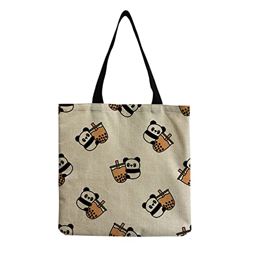 HUIKDY Bonito bolso de lona con estampado de panda, bolso de compras de hombro, bolso de lona, ​​bolso de compras, oficina, ocio diario BJ4