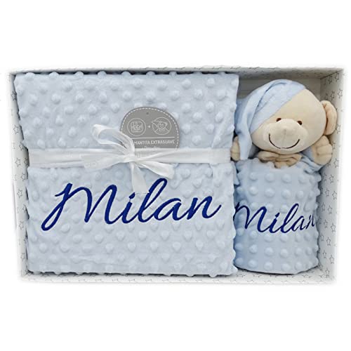 Manta de bebe personalizado con su nombre bordado, manta de copito (Manta + DouDou)