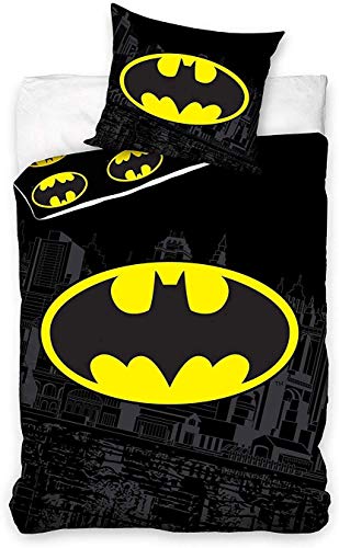 Carbotex – BAT8004 – Juego de cama individual de Batman Logo funda nórdica y funda de almohada - 100% algodón -140 x 200 cm y funda de almohada 50 x 75 cm