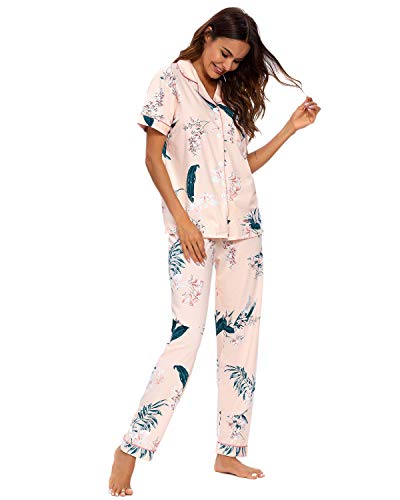GOSO Pijama para Mujer - Conjunto de Pijama de Manga Cortos Floral para Mujer Pijama de Manga Cortos con Botones para Mujer