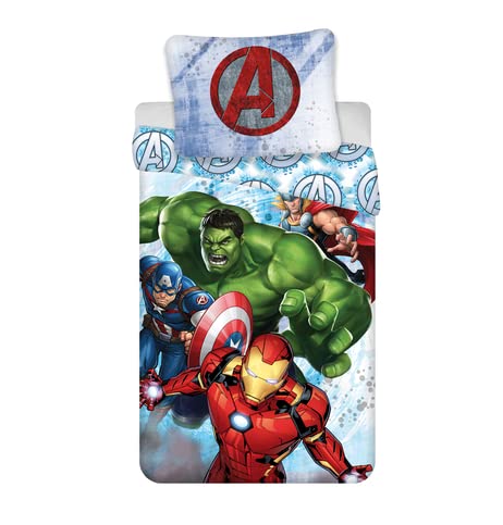 Jerry Fabrics Marvel Avengers Juego de edredón y almohada individual | Juegos de cama para niñas | Con Hulk y Iron Man Captain America Thor 100% algodón