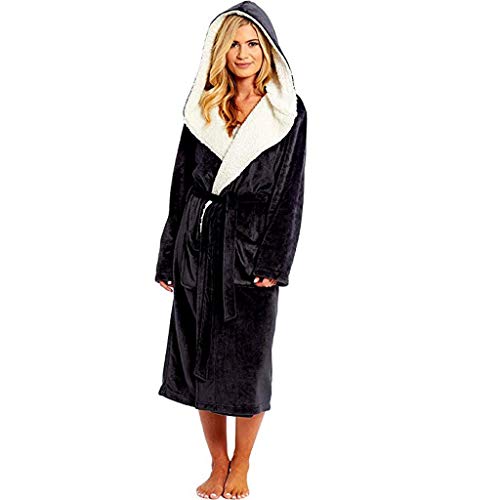 MMOOVV Albornoz con capucha para mujer con solapa de felpa gruesa y larga, suave, cálido, cómodo, para otoño e invierno, Negro, S alto