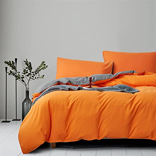 Gnomvaie Juego de ropa de cama de 135 x 200 cm, color naranja y gris liso, reversible, 2 piezas, microfibra, funda nórdica moderna con cremallera y funda de almohada de 80 x 80 cm