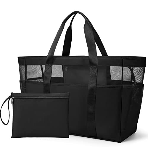 KALIDI Bolsa de playa de malla XXL familiar, bolsa de playa con cremallera para mujer, bolsa de baño grande, bolsa de playa, bolsas de la compra para viajes, compras y uso diario, Negro , XXL