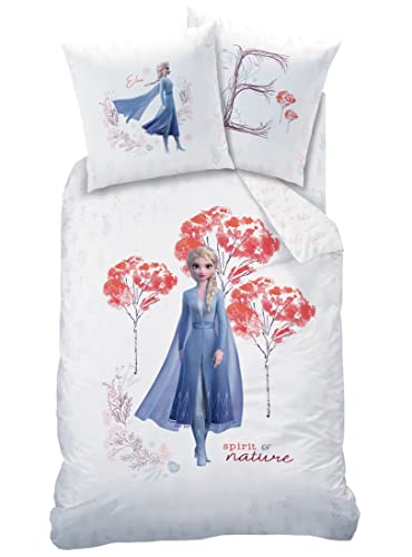 Juego de ropa de cama de Disney, 135 x 200 cm, 80 x 80 cm, 100 % algodón, la reina ELSA en el bosque mágico de Frozen 2