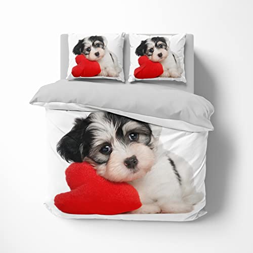 FEBE Ropa de cama 3D con diseño de perro con corazón, funda nórdica de 135 x 200 cm y 80 x 80 cm, ropa de cama reversible de 2 piezas, rojo, blanco y gris, con cremallera
