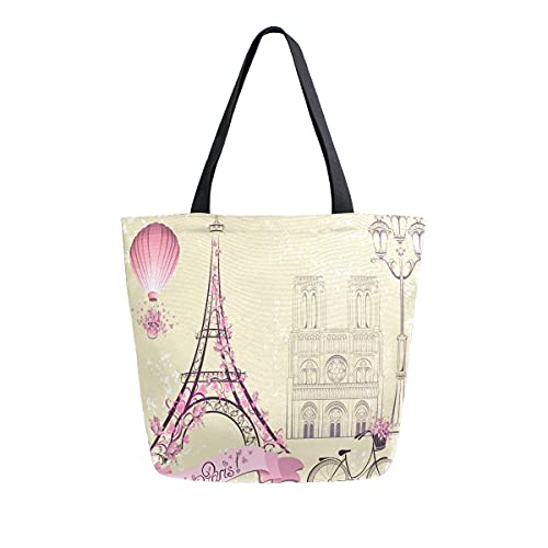 BOLOLI - Bolsa de lona para toalla Eiffel de Paris, bolsa de hombro casual, bolsa de transporte de globo de aire caliente, bolsa de transporte para mujeres y niñas, compras, viajes de comestibles