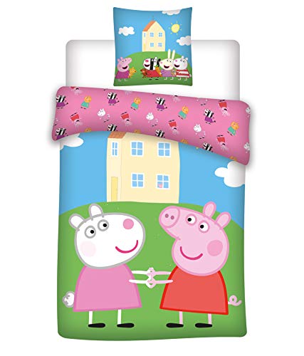 BrandMac Peppa Pig Pig - Juego de cama (funda nórdica de 135 x 200 cm y funda de almohada de 80 x 80 cm, algodón)