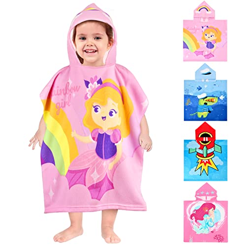 VOBUKE Toalla Niño Piscina Poncho de Playa con Capucha Súper Suave Absorbente Bañera Toalla Ducha Nadar Piscina Dibujos Animados Manta de Baño para Niñas Niños Infantiles 2-7 años(Chica Arcoiris)