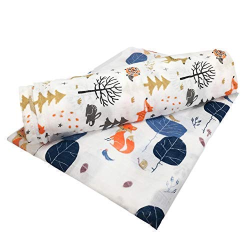 Foxes - Juego de 2 mantas de muselina de bambú y algodón, 120 cm x 120 cm, ideal como manta, cubierta de enfermería, pañuelo, manta de seguridad, toalla ligera y mucho más.
