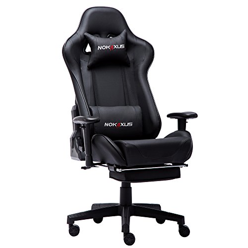 Nokaxus - Silla de oficina para videojuegos tamaño grande respaldo alto asiento de carreras con masajeador soporte lumbar y reposapiés retráctil ajuste de 90-180 grados del respaldo (Yk-6008-black)
