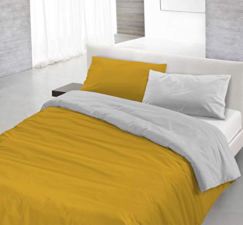 Italian Bed Linen Color Juego de Funda nórdica Natural Colour, Algodón, Mostaza/Gris Claro, Individual