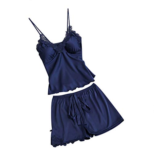 Proumy Pijama Verano Mujer Dos Piezas Camisola de Encaje Sexy Bata de Seda con Flores Conjunto de Ropa de Dormir con Calzoncillo Chaleco Cuello V de Tiras Ajustable Vestido Interior de Cama Azul