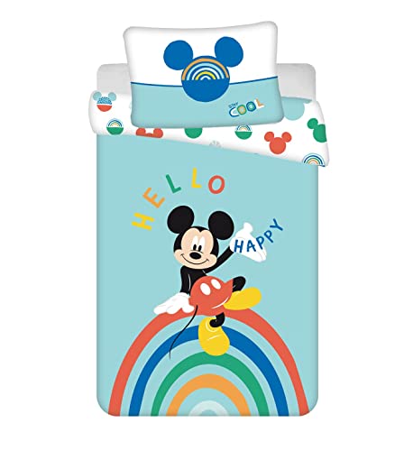 JFabrics Disney Mickey Mouse - Juego de edredón y almohada para cuna de bebé | Juego de ropa de cama para niños pequeños | Hecho de 100% algodón, azul, 100 x 135 cm + funda de almohada de 60 x 40 cm