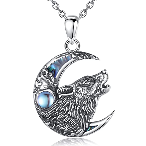 AEONSLOVE Collar Lobo Vikingo para Mujer Hombre Colgante Piedra de la Luna Amuleto Nórdico Plata de Ley 925 Joyas Lobo Nórdico para Chico Chica