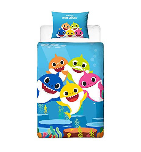 Baby Shark Song - Funda de edredón Reversible de Dos Caras con Funda de Almohada a Juego, diseño de Familia Individual, Color Azul