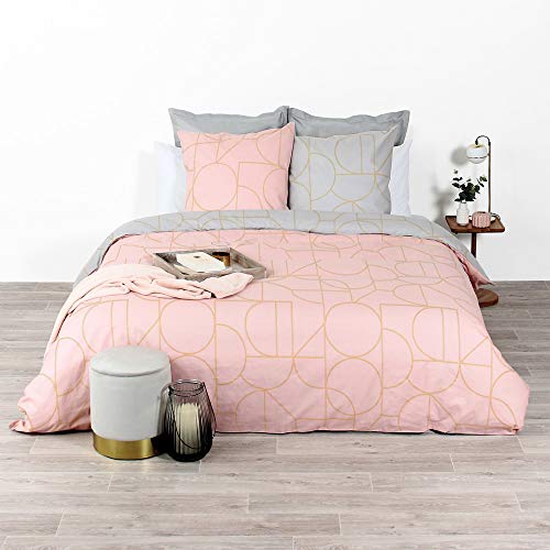 CÔTE DECO Juego de cama con funda nórdica de 140 x 200 cm y 1 funda de almohada de 63 x 63 cm. Juego de cama para 1 persona geométrica, oro, rosa y gris, 100% algodón