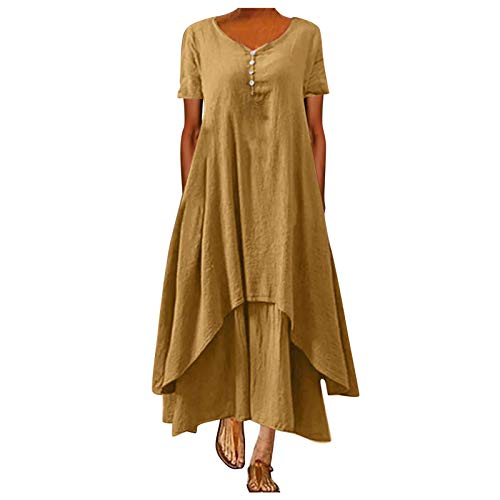 Younthone Vestido casual de lino de algodón para mujer, color sólido, falda larga irregular con cuello en O, Amarillo-a, M