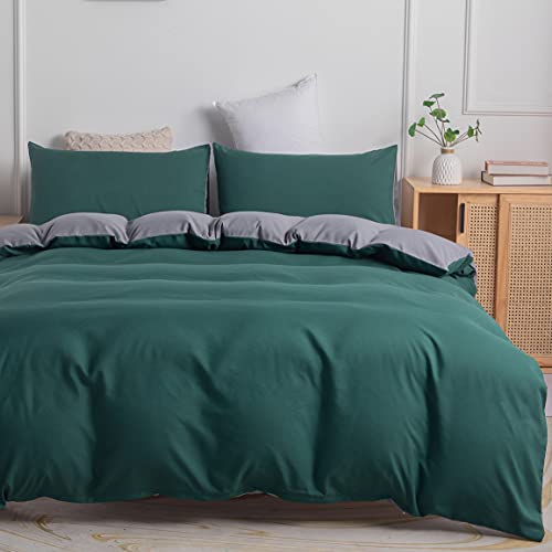 Gezu Funda nórdica verde oscuro 240 x 260 cm, gris oscuro liso, reversible, juego de cama para 2 personas, microfibra con cremallera y 2 fundas de almohada de 65 x 65 cm
