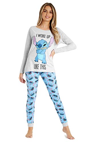 Disney Pijama Mujer Largo, Conjunto de Pijamas de Mujer, Ropa Mujer y Chica Adolescente Tallas S-2XL Algodón Invierno, Regalos de Lilo y Stitch Minnie Mouse (Gris/Azul Stitch, L)